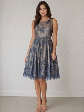 Modcloth Dress Blue Lace Retro Floral Cocktail Party Mesh Wedding Guest XS